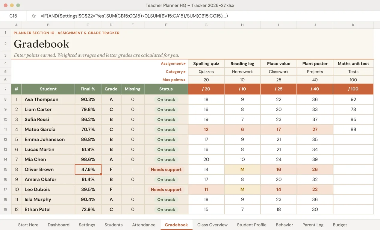 Teacher Planner HQ spreadsheet tracker: Gradebook