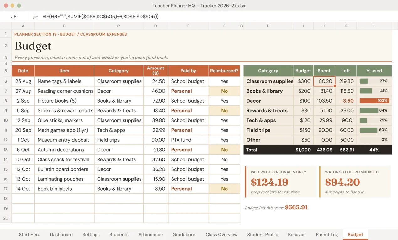 Teacher Planner HQ spreadsheet tracker: Budget & reimbursements