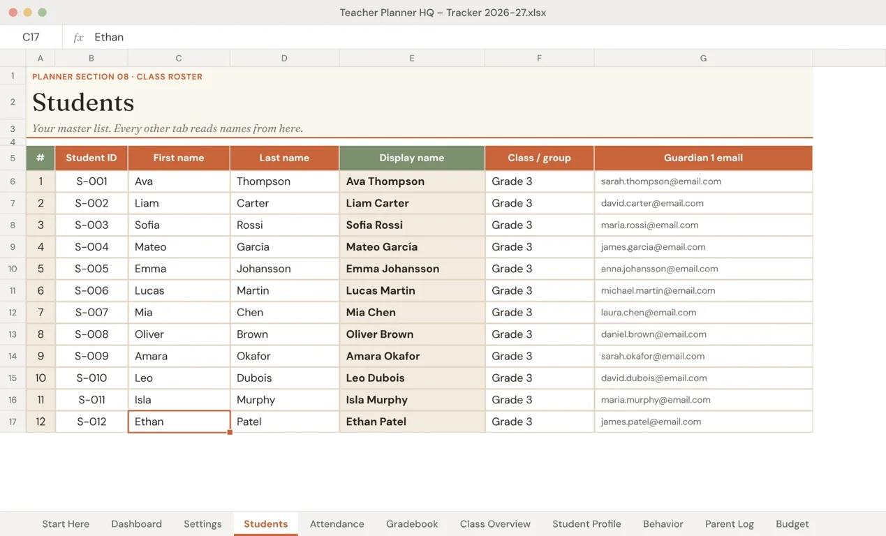 Teacher Planner HQ spreadsheet tracker: Students
