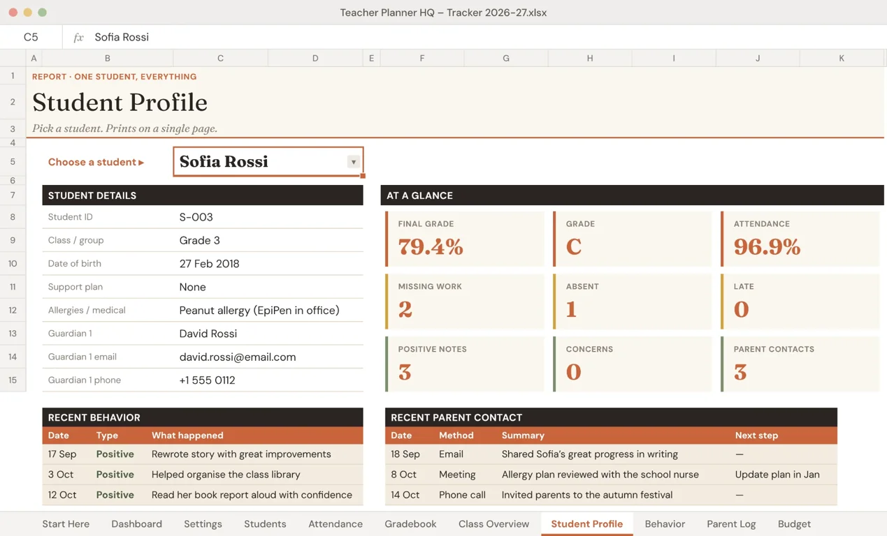 Teacher Planner HQ spreadsheet tracker: Student profile