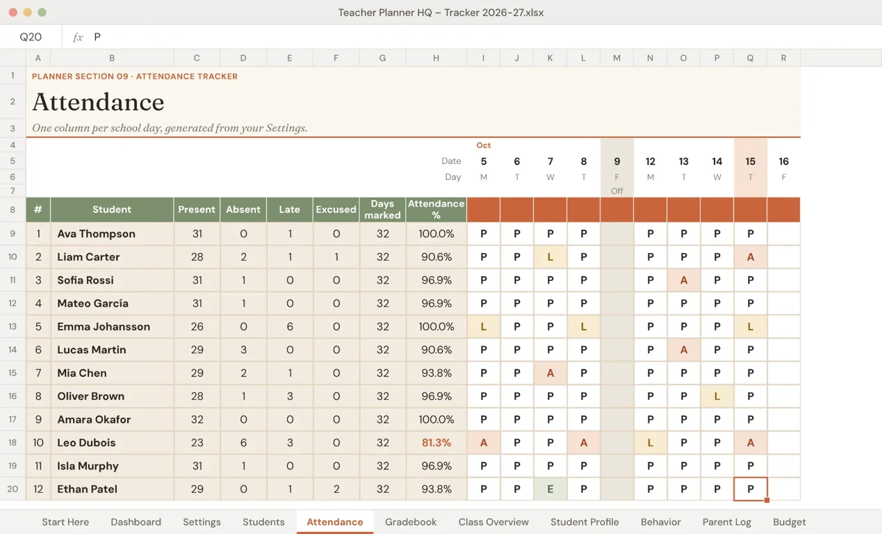 Teacher Planner HQ spreadsheet tracker: Attendance