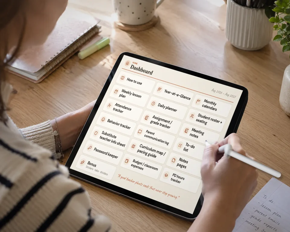 A teacher using Teacher Planner HQ on an iPad, with the Dashboard and planner sections visible on screen
