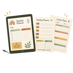 Tablet next to printed planner sheets