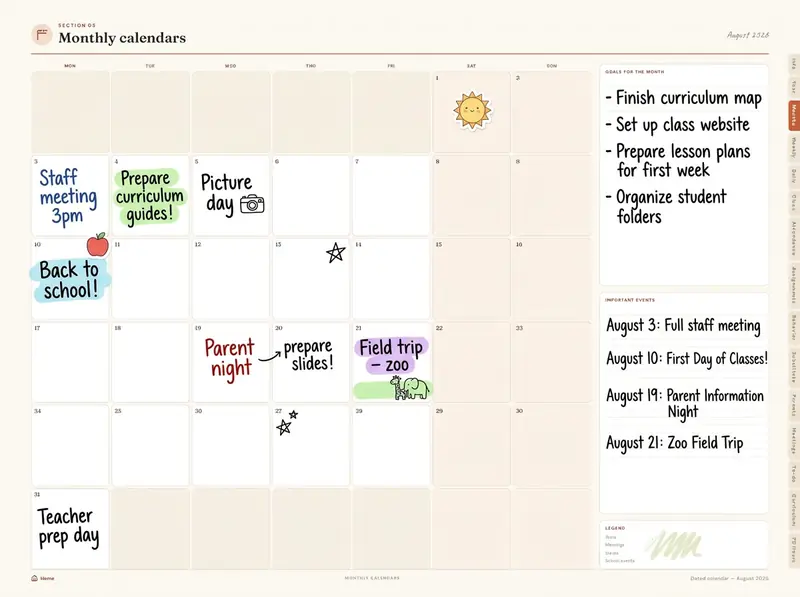 Year-at-a-Glance + Monthly Calendars page from Teacher Planner HQ