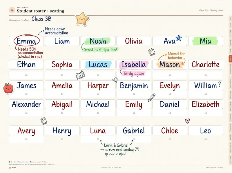Student Roster & Seating Chart page from Teacher Planner HQ