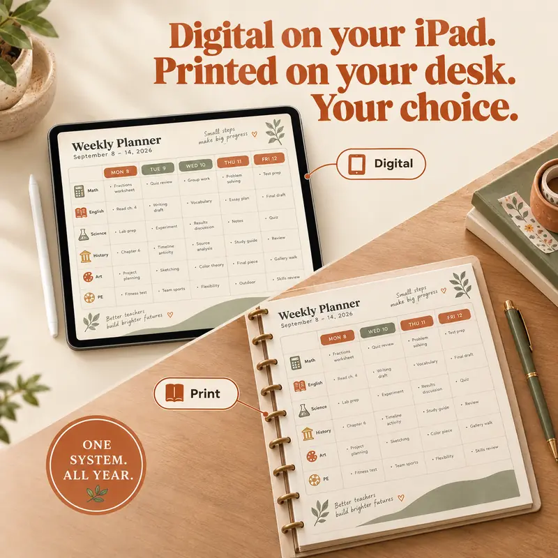 The Teacher Planner HQ shown on an iPad and as a printed notebook on a desk, both displaying the same weekly planner page