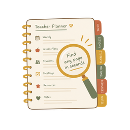 Planner page with side tabs and a magnifying glass