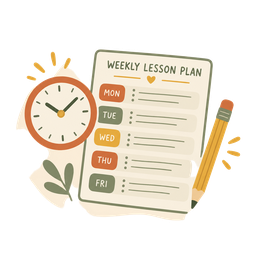Weekly lesson plan page with a clock and pencil