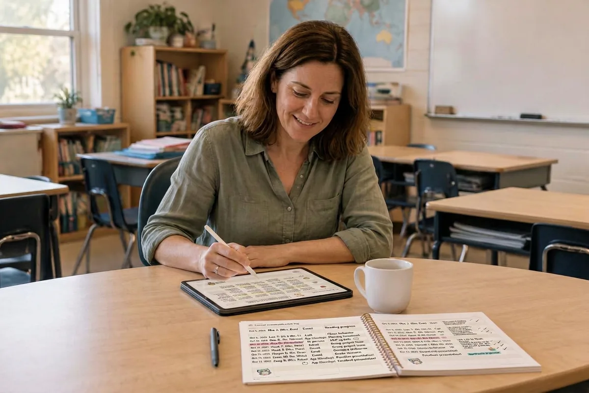 Illustrative scene of the same teacher calmly organizing her day using the digital planner on an iPad and its printed pages