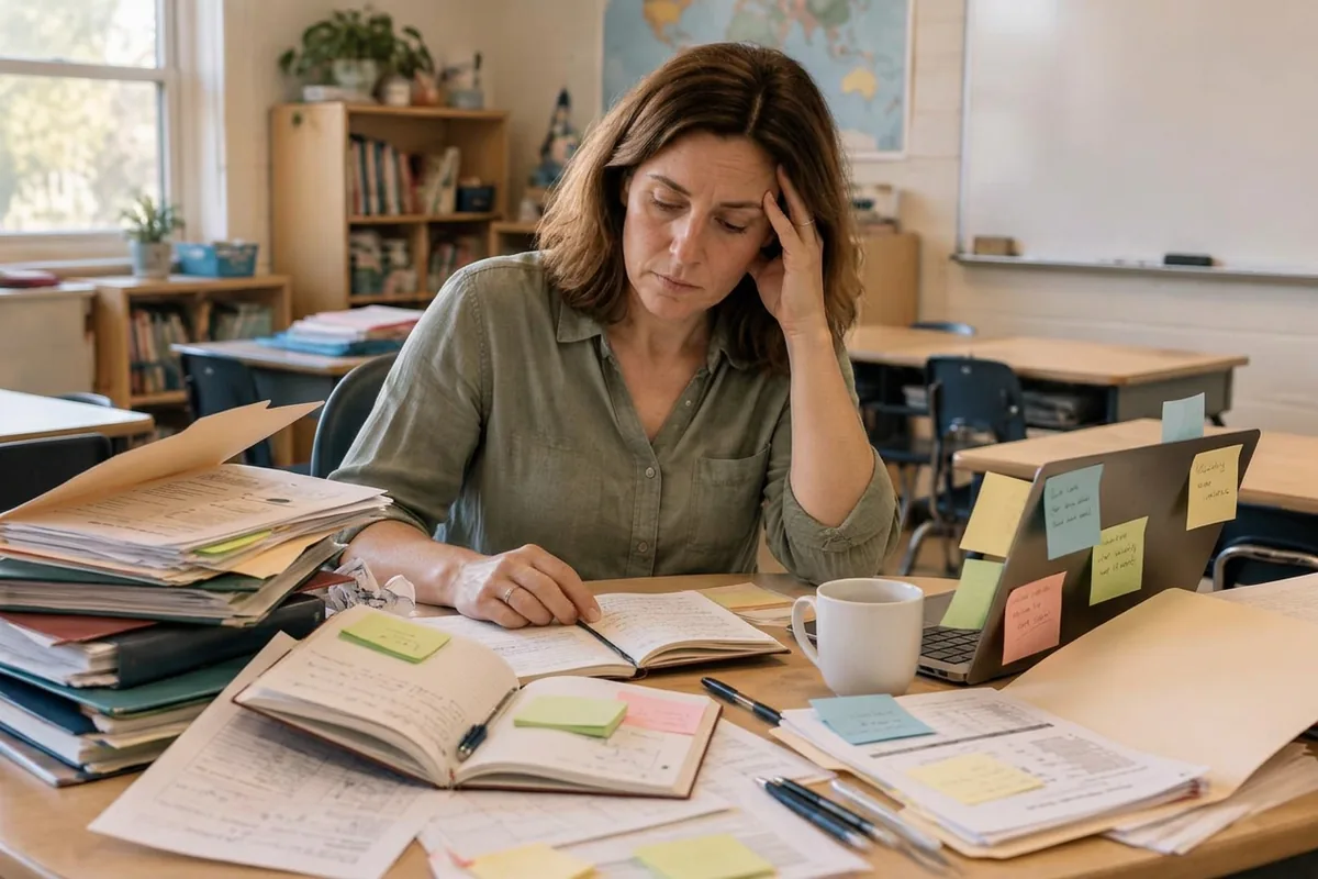 Illustrative scene of a teacher managing scattered notes, papers and separate records at her classroom desk